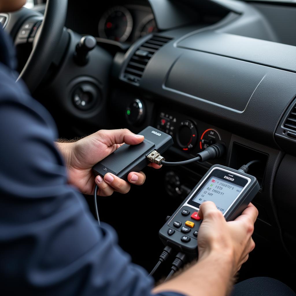 Mechanic Connecting OBD Scanner to Car