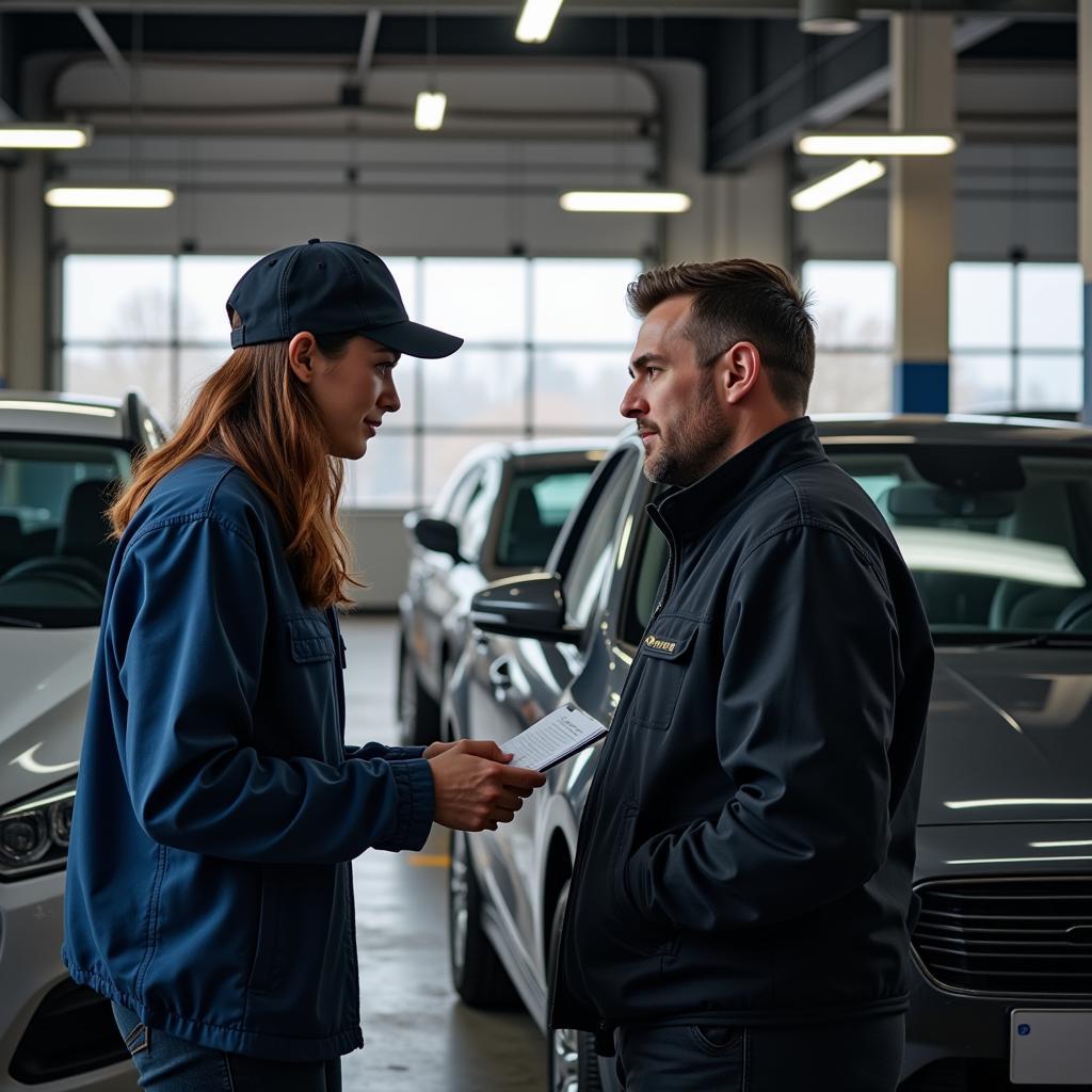 Car owner discussing car issues with a mechanic in a repair shop