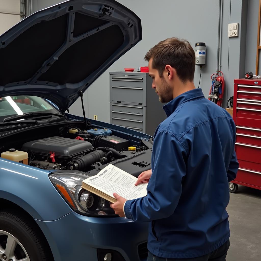 Mechanic Consulting a Car Diagnostic Book