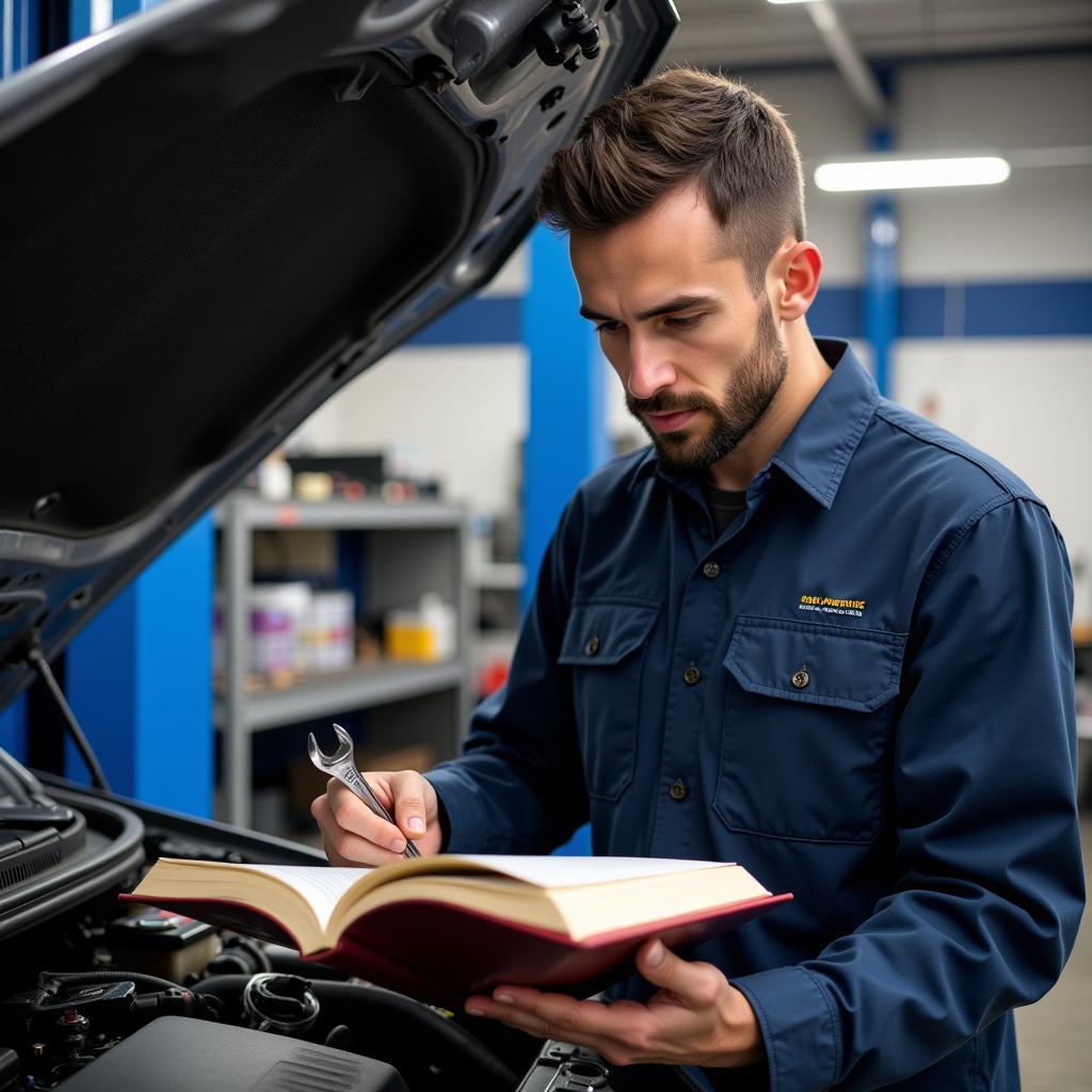 Mechanic Using a Car Diagnostics Book