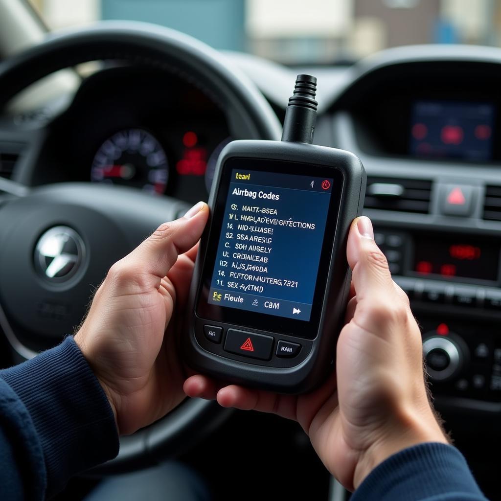 Mechanic Diagnosing Airbag System with Tool