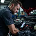 Mechanic using a diagnostic tool on a car