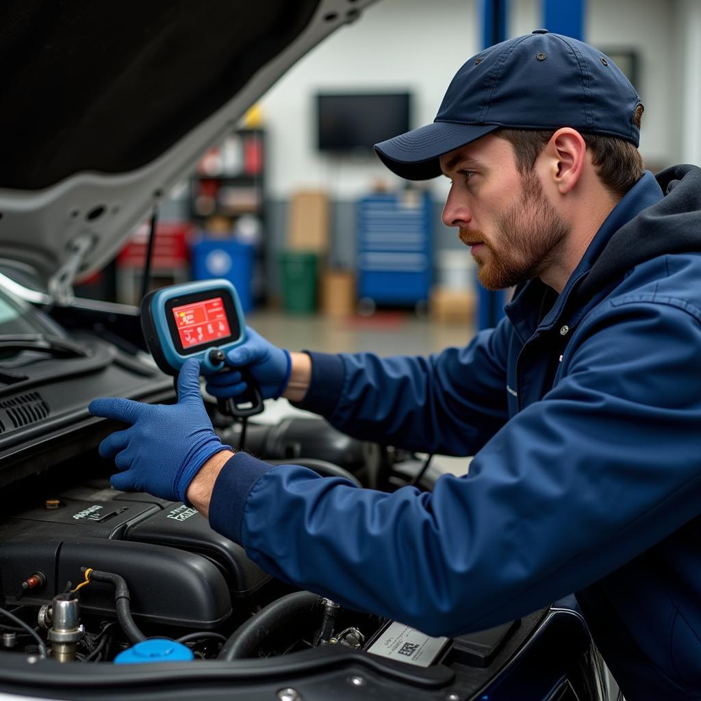 Mechanic using a diagnostic tool on a car engine