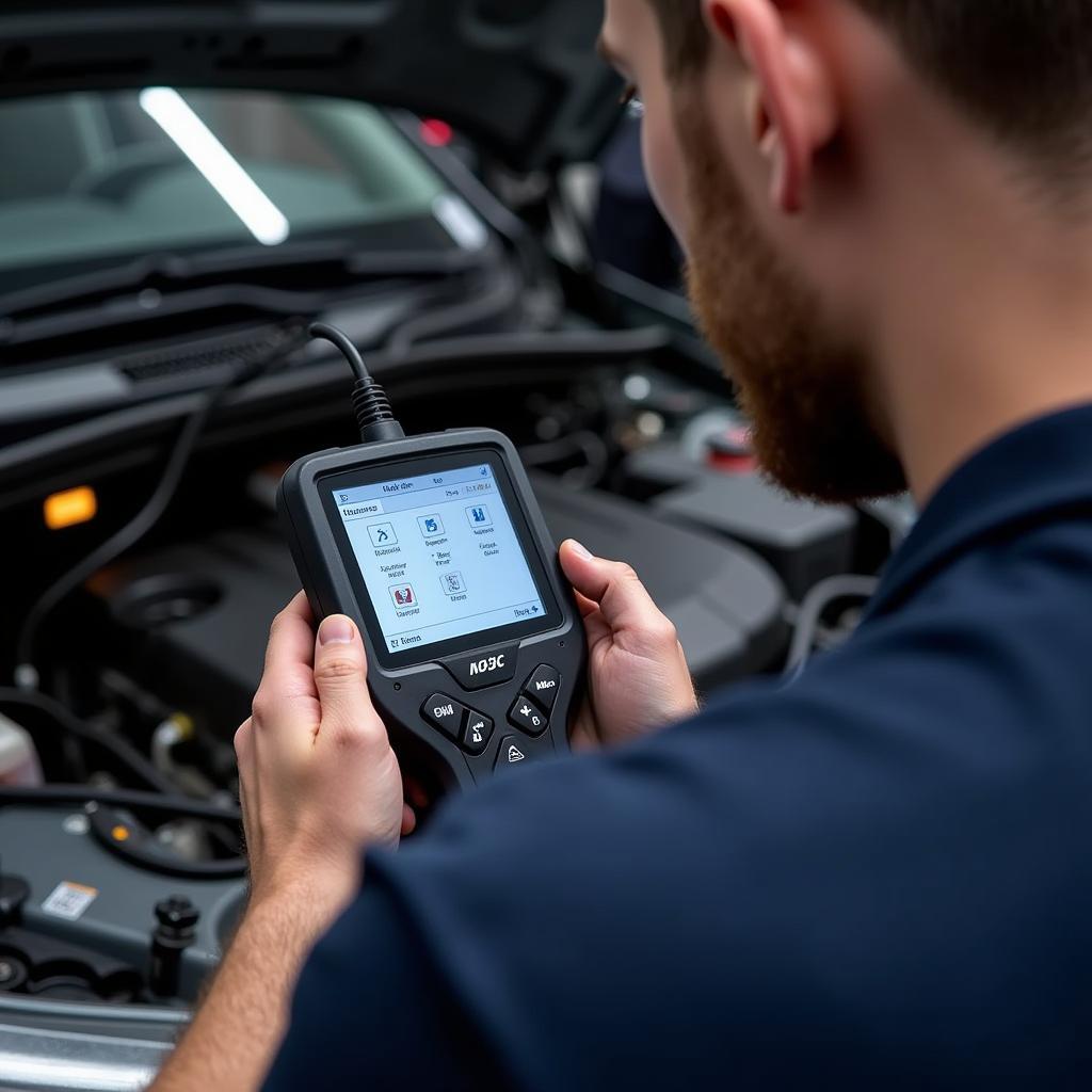 Mechanic Diagnosing Car Using a Diagnostic Scanner