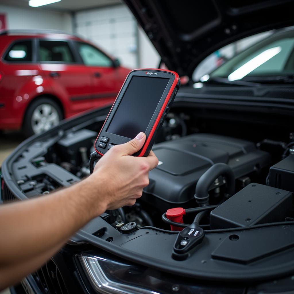 Mechanic Using Diagnostic Scanner on Car