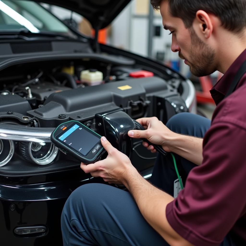 A mechanic using a diagnostic scanner to identify a car issue