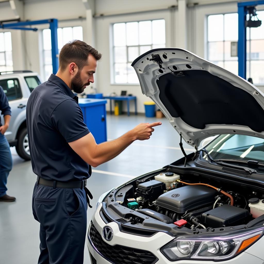 Mechanic discussing car AC repair costs with a customer