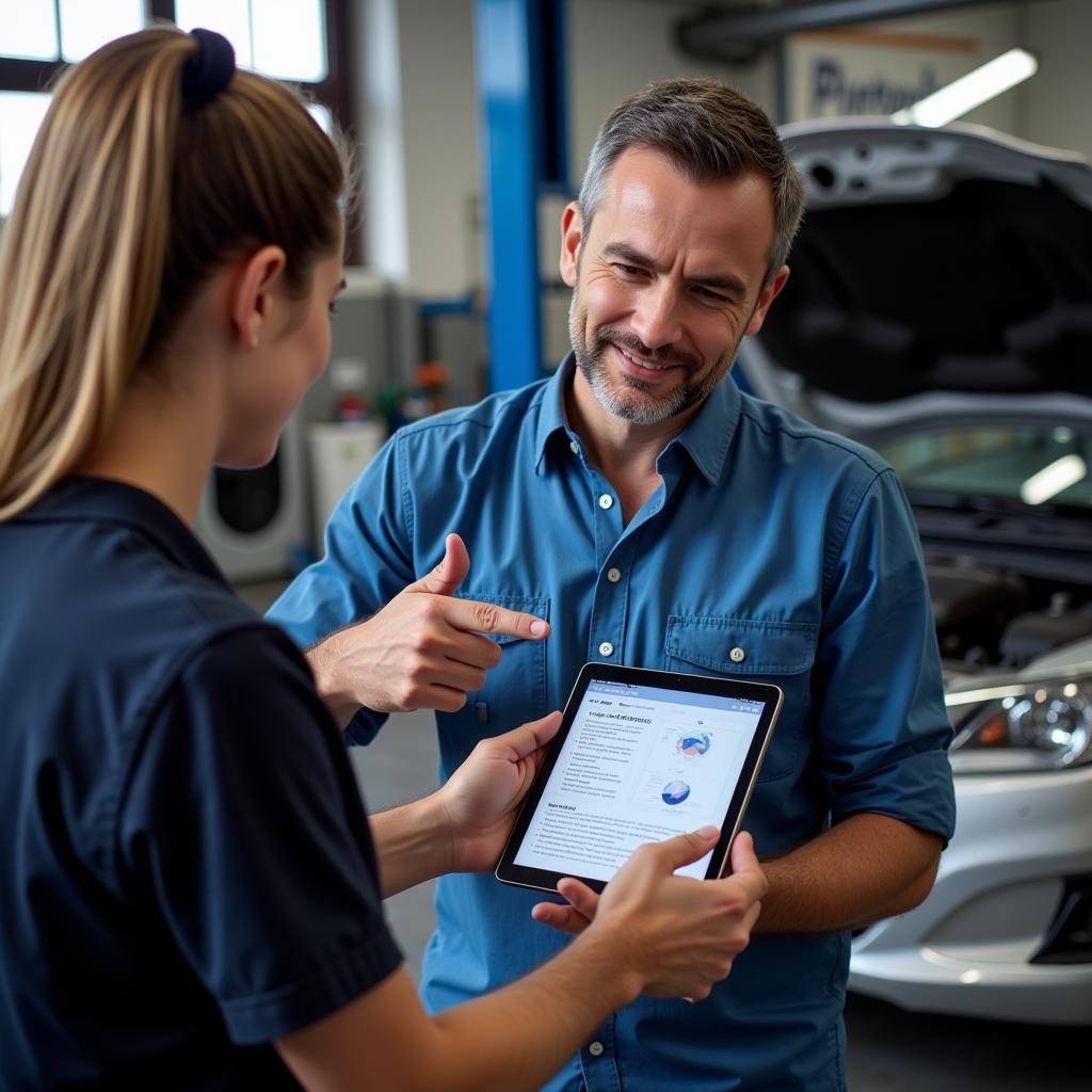 Mechanic Discussing Car Diagnostic Report with Customer