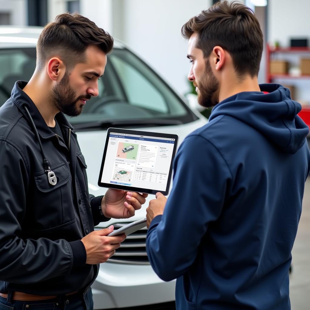 Mechanic discussing diagnostic fee with a customer