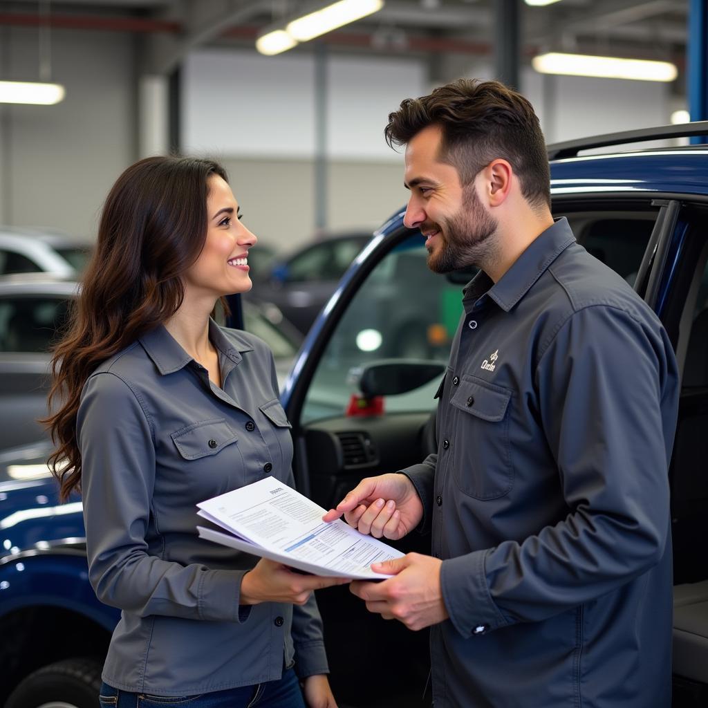 A mechanic explaining diagnostic test results to a car owner