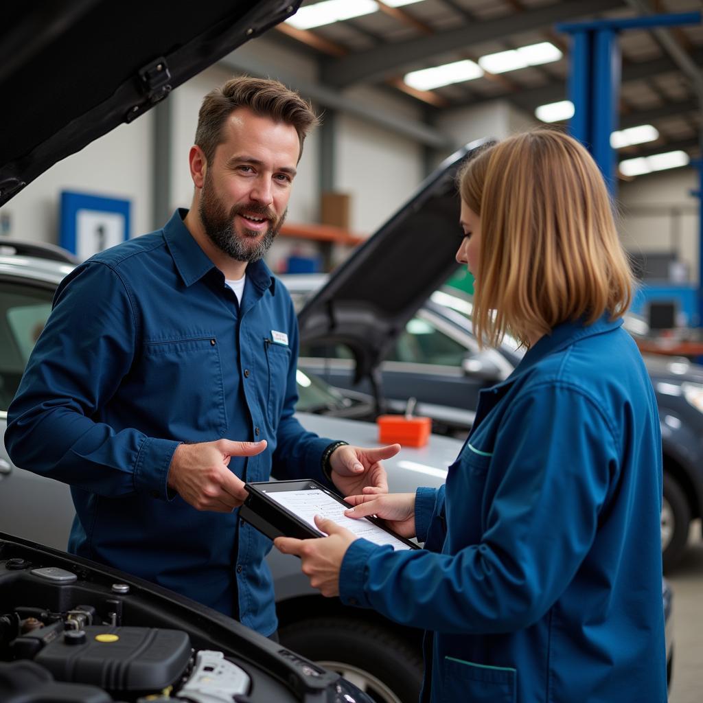 Mechanic Explaining Car AC Diagnostics to Car Owner