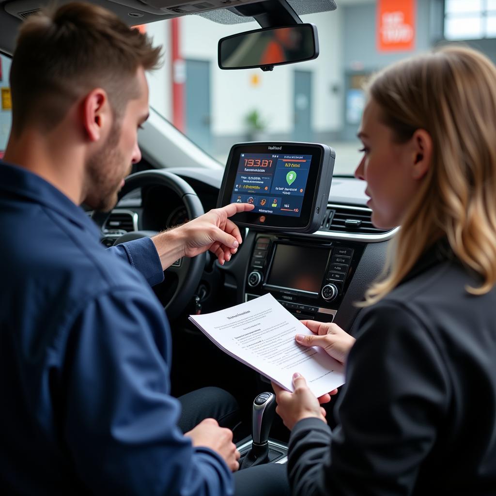 A mechanic shows a car owner how to use a diagnostic kit