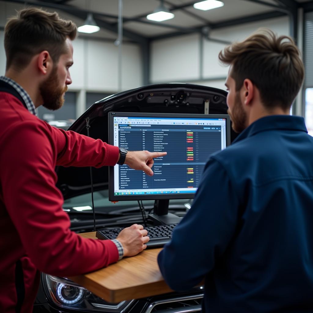 Mechanic explaining car diagnostic results