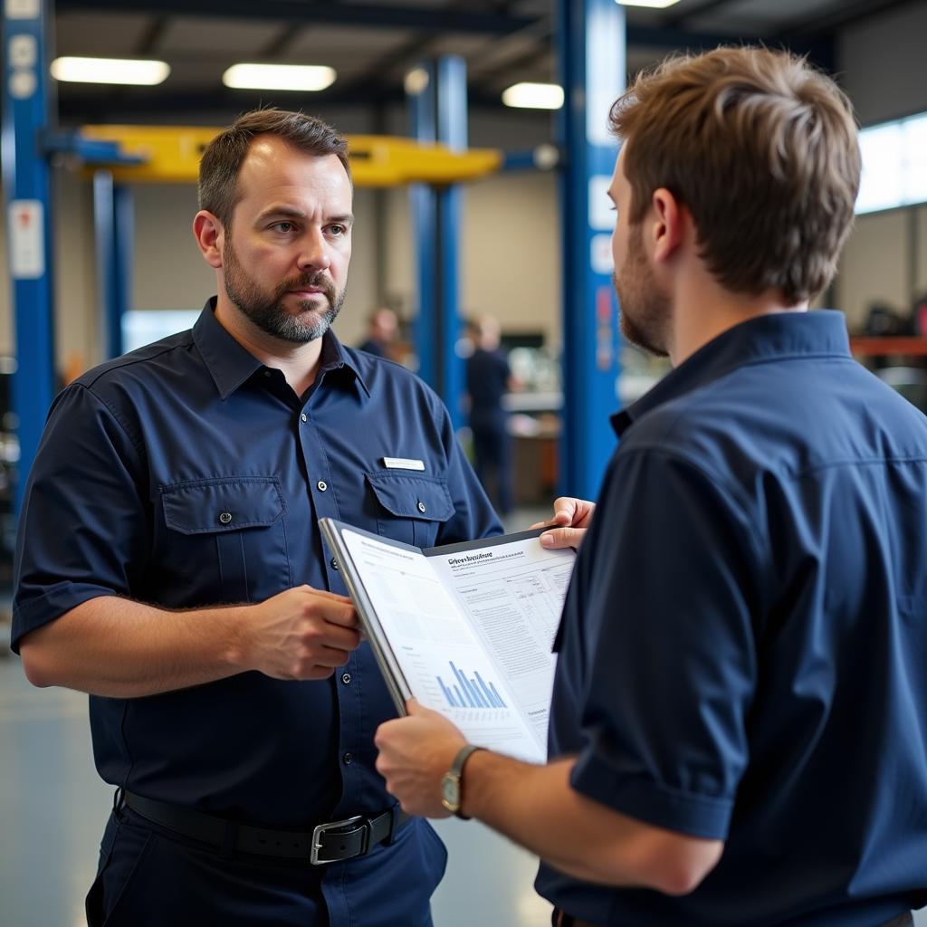 Mechanic discussing car diagnostic report with a customer