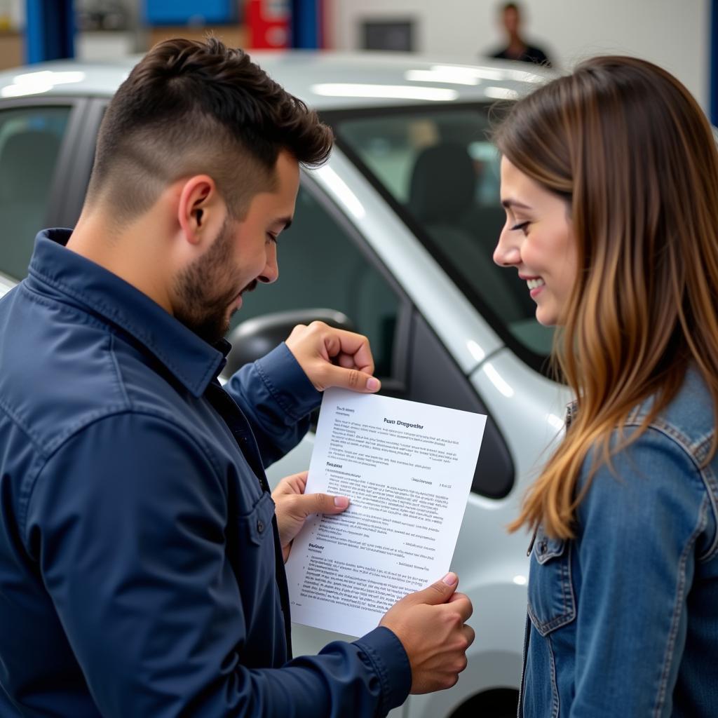 Mechanic Discussing Diagnostic Report with Car Owner