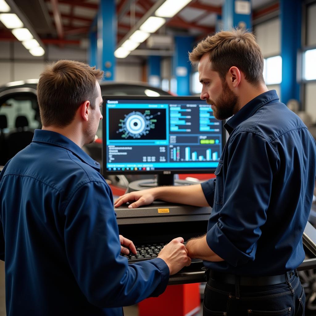 A mechanic in Birmingham explains car diagnostic results to a customer