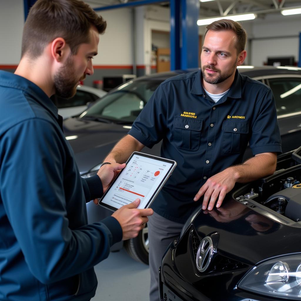 Mechanic explaining car diagnostic test results to a car owner in Kent