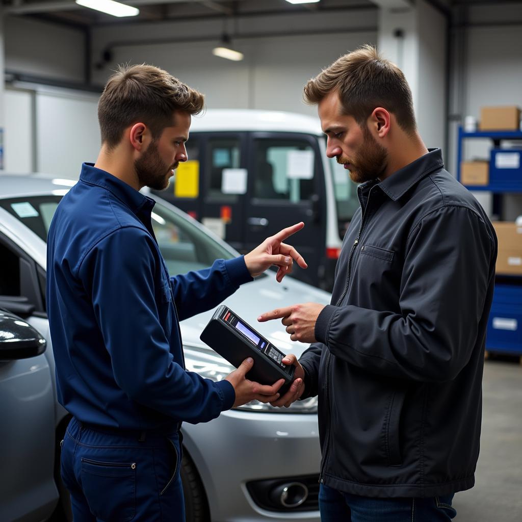 Mechanic explaining car diagnostic results to car owner