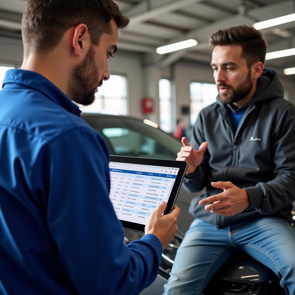 Mechanic Explaining Car Diagnostic Results to Customer