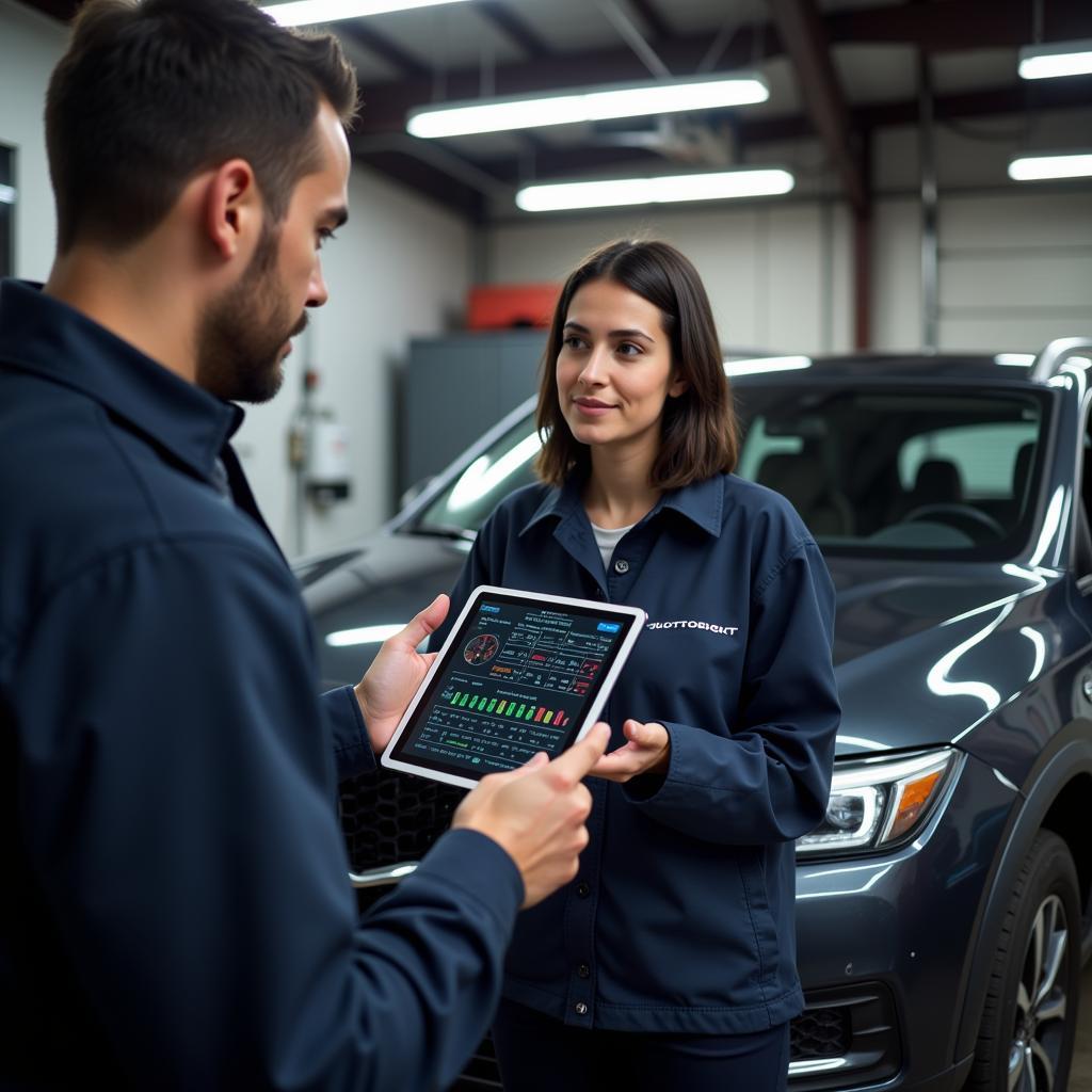 Mechanic Explaining Car Diagnostic Results to a Car Owner