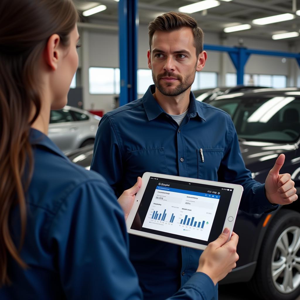 Mechanic Explaining Car Diagnostic Test Results