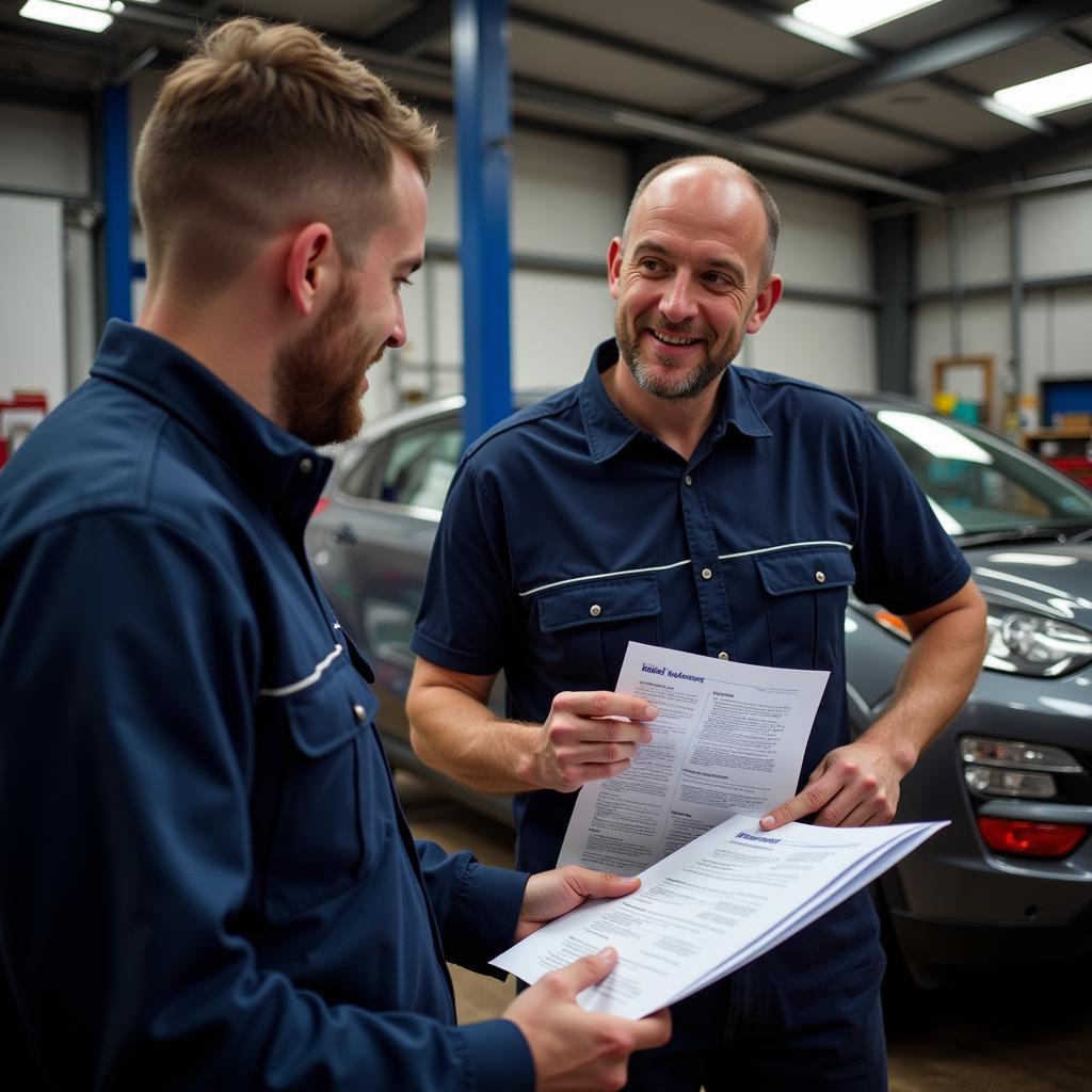 Mechanic explaining a car diagnostic report to a customer in Thanet