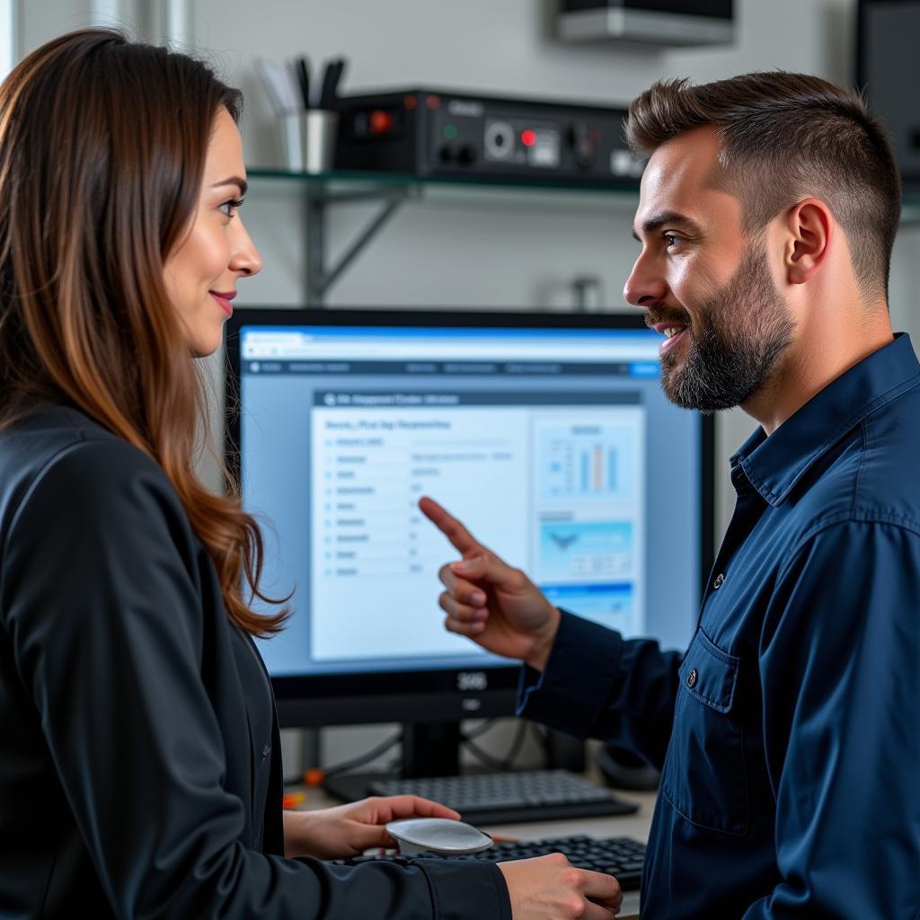 Mechanic explaining car diagnostics to a customer