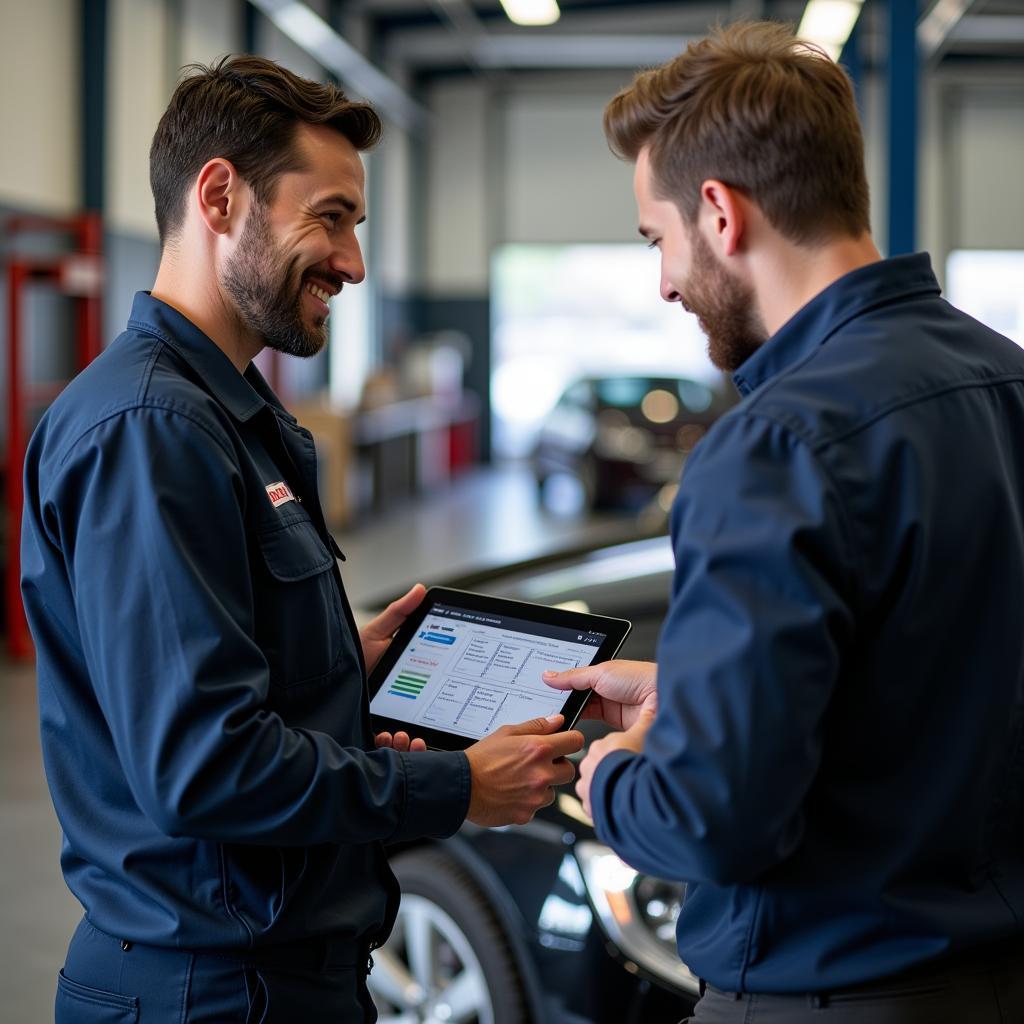 A mechanic explaining car diagnostic results to a customer