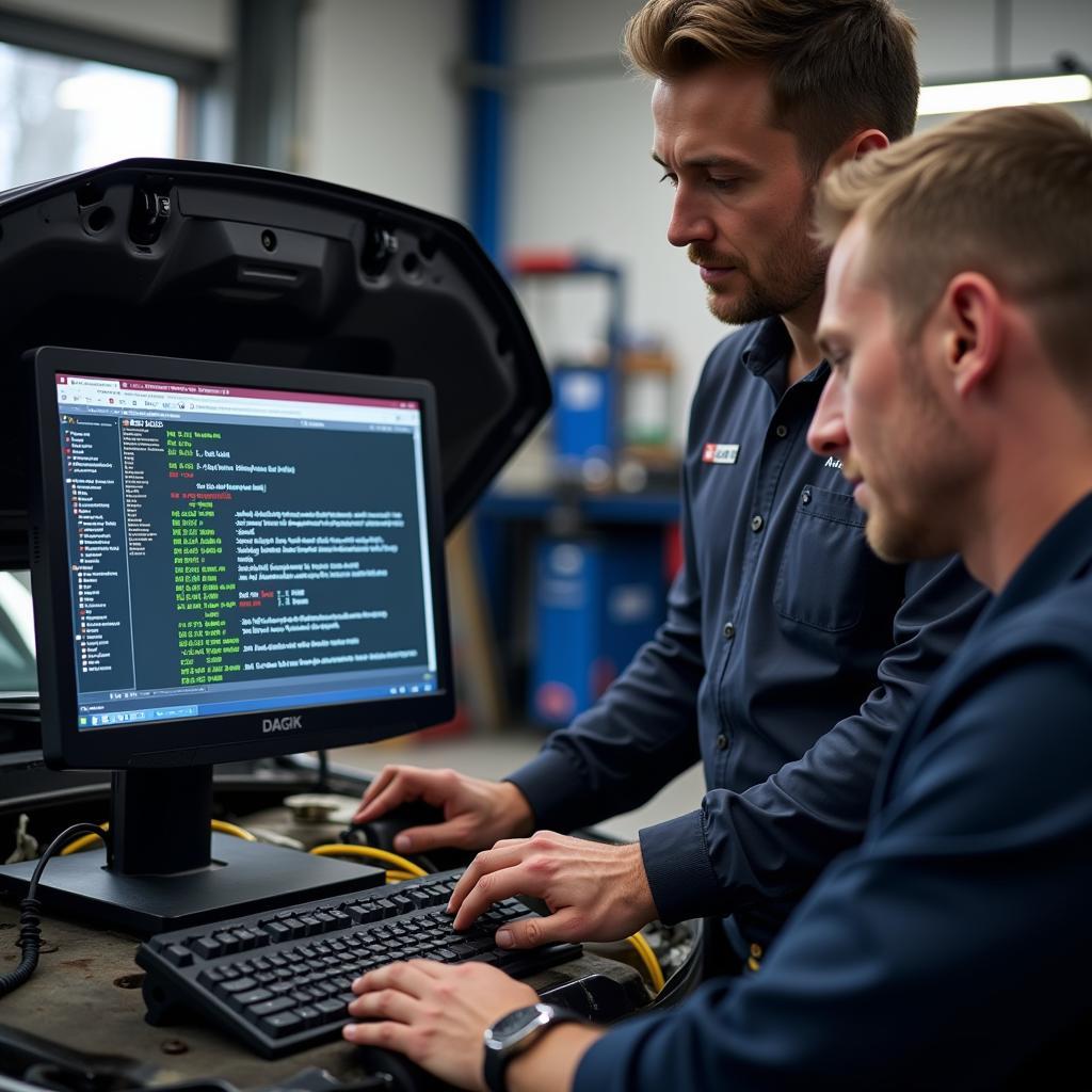 Mechanic explaining car diagnostics results to a customer