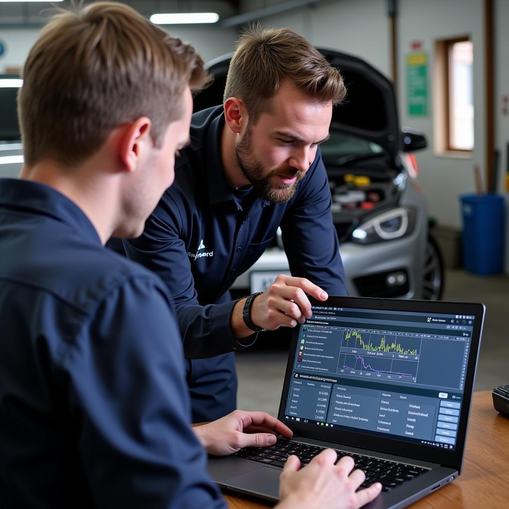 A mechanic explaining car diagnostics to a car owner in Colchester