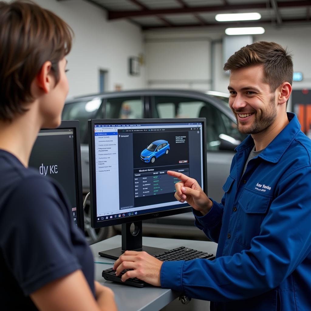 A mechanic in Langwarrin explains car diagnostics to a customer