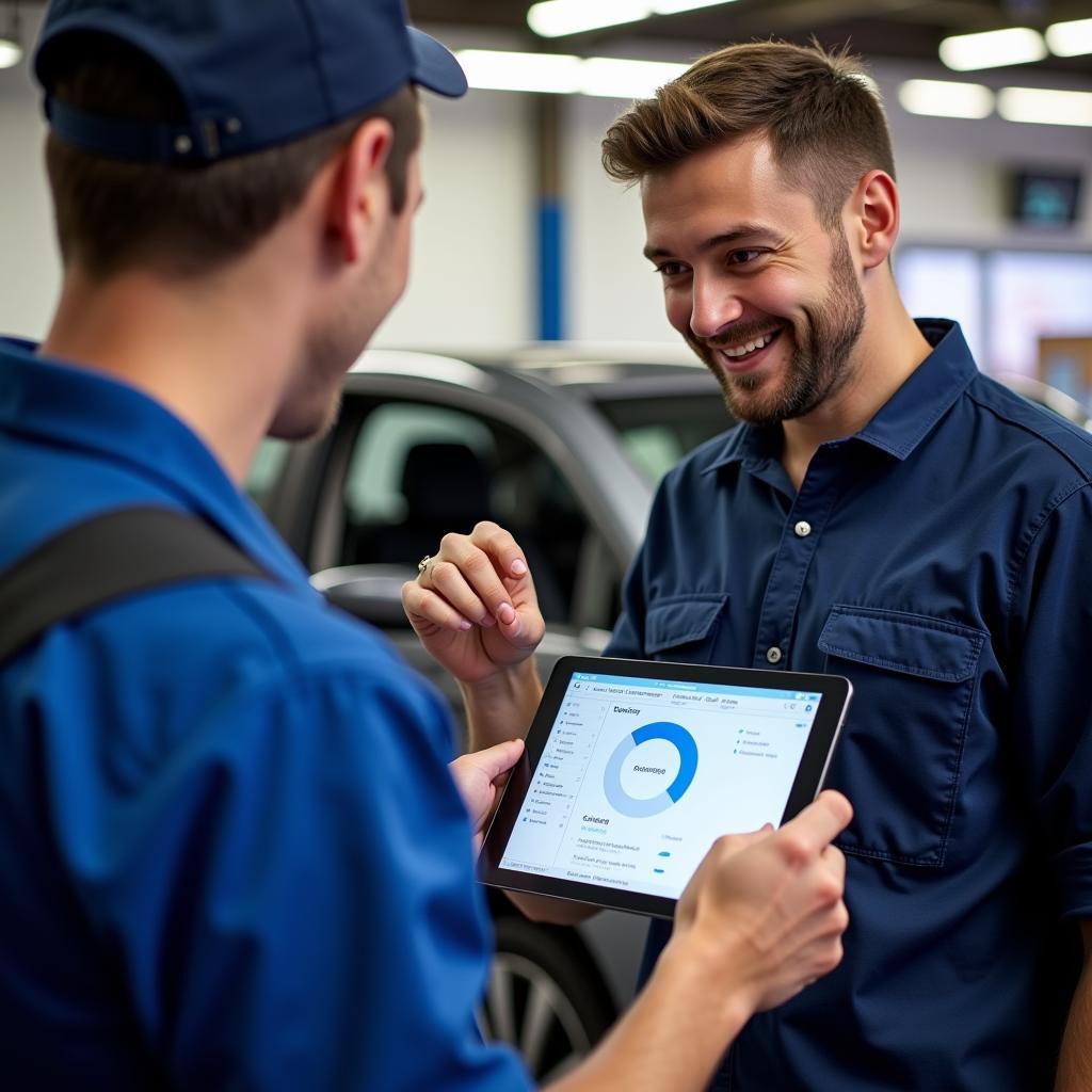 A mechanic explaining the results of a car diagnostics test to a car owner