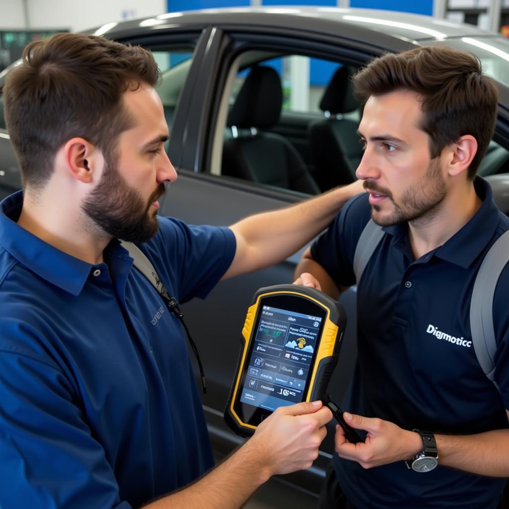 Mechanic Explaining Car Diagnostic Report to Car Owner