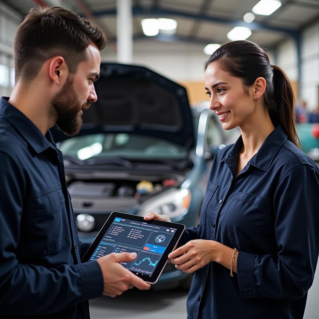 Mechanic Explaining Diagnostic Results to Car Owner