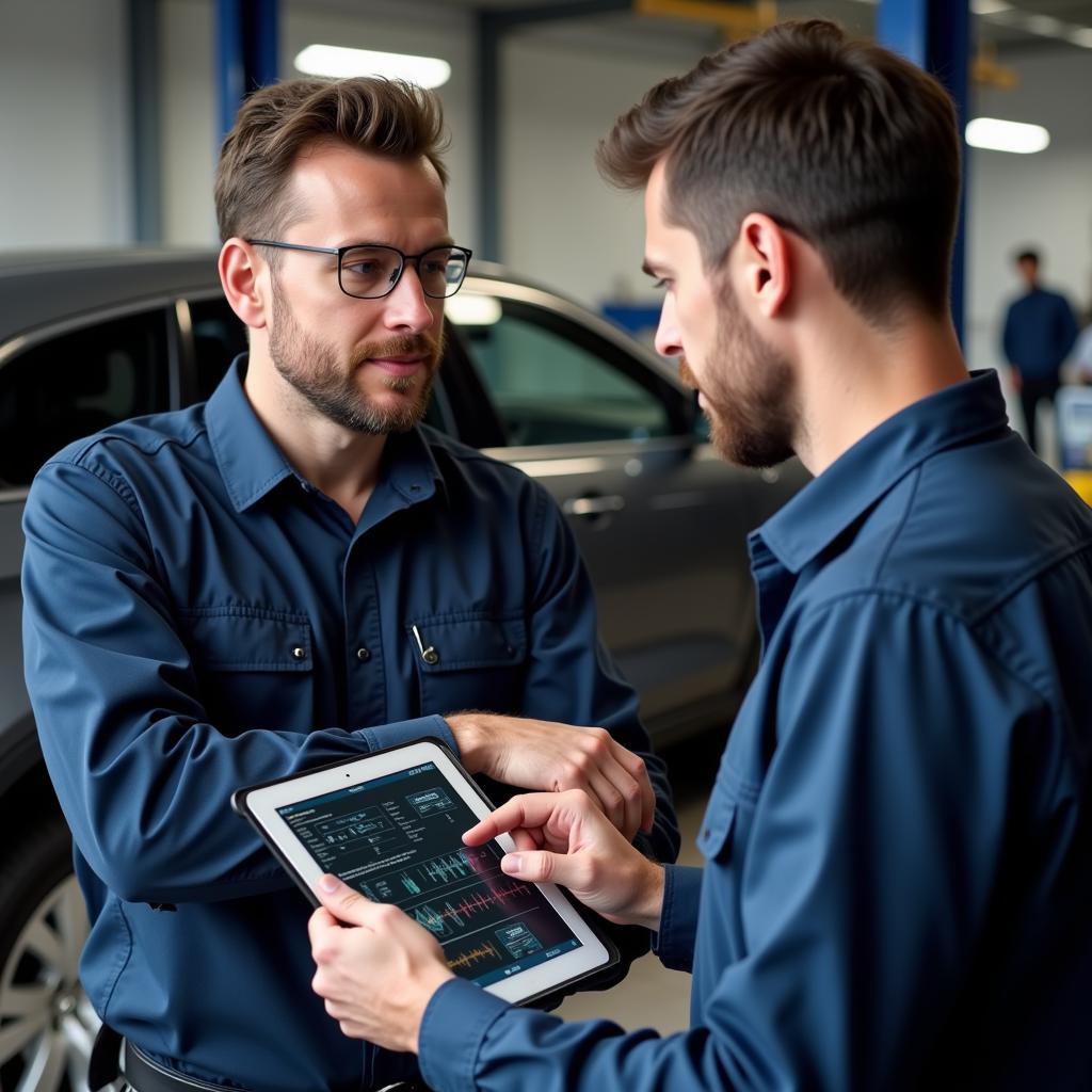 Mechanic explaining car diagnostics to a car owner using a tablet