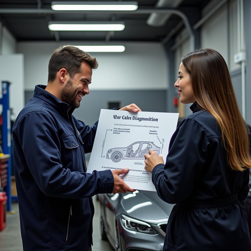 Mechanic pointing to a diagram while explaining car diagnostics to a customer