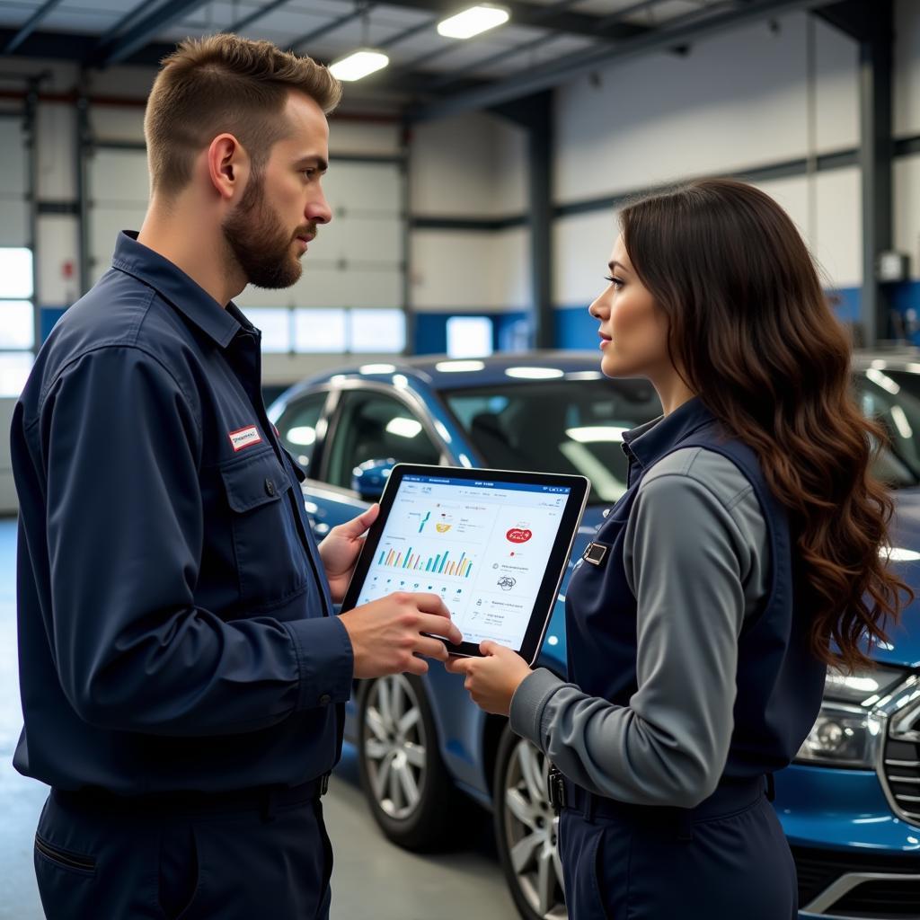 Mechanic explaining car diagnostics using a tablet to a customer in the workshop