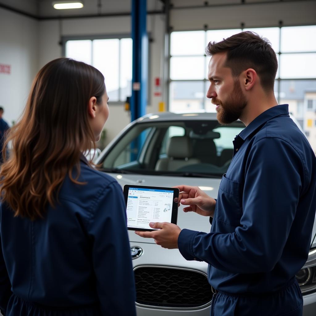 Mechanic explaining car diagnostic results to a customer