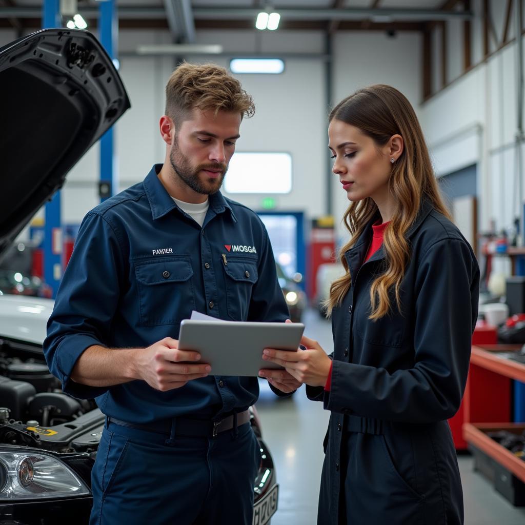 Mechanic Explaining Car Diagnostics to Customer