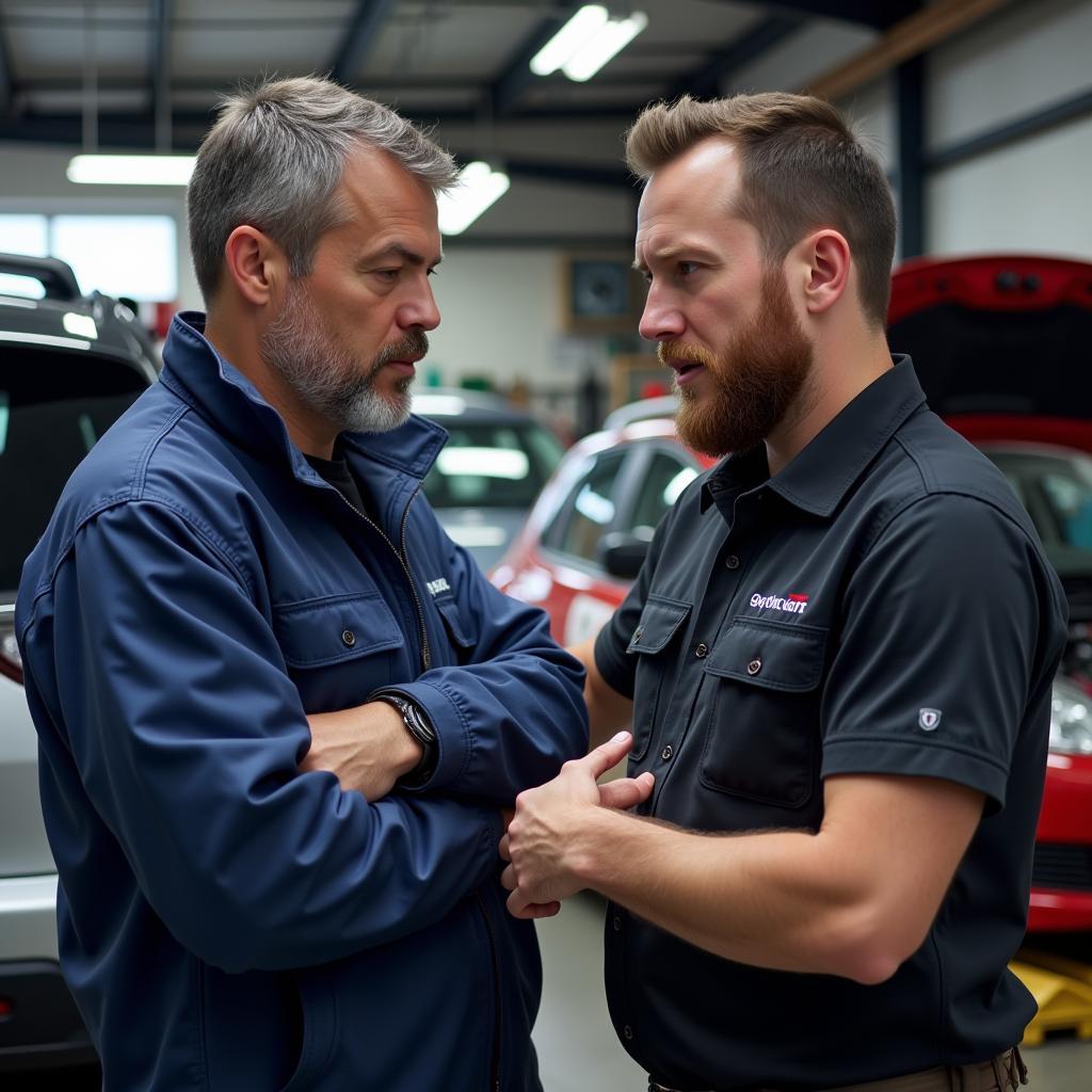 Mechanic Explaining Car Diagnostics to a Customer