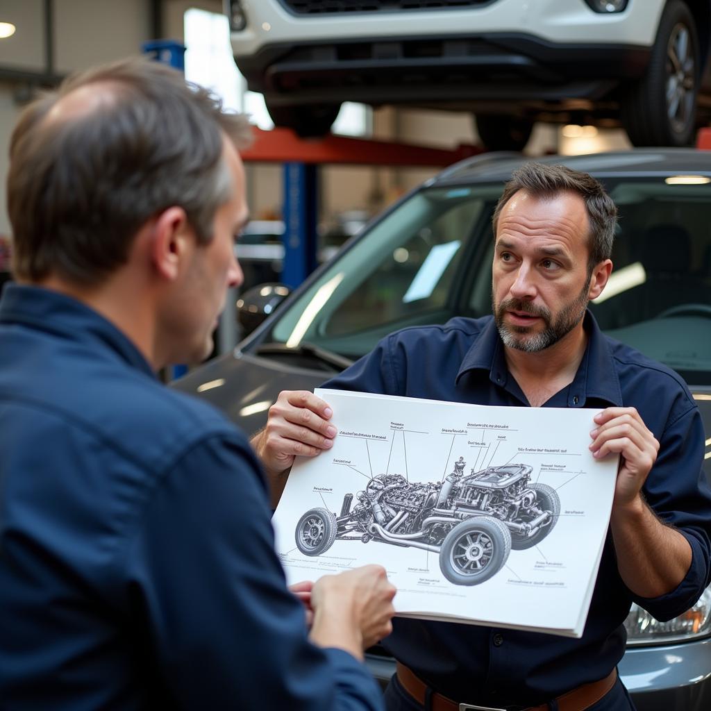 Mechanic explaining car repairs to a car owner