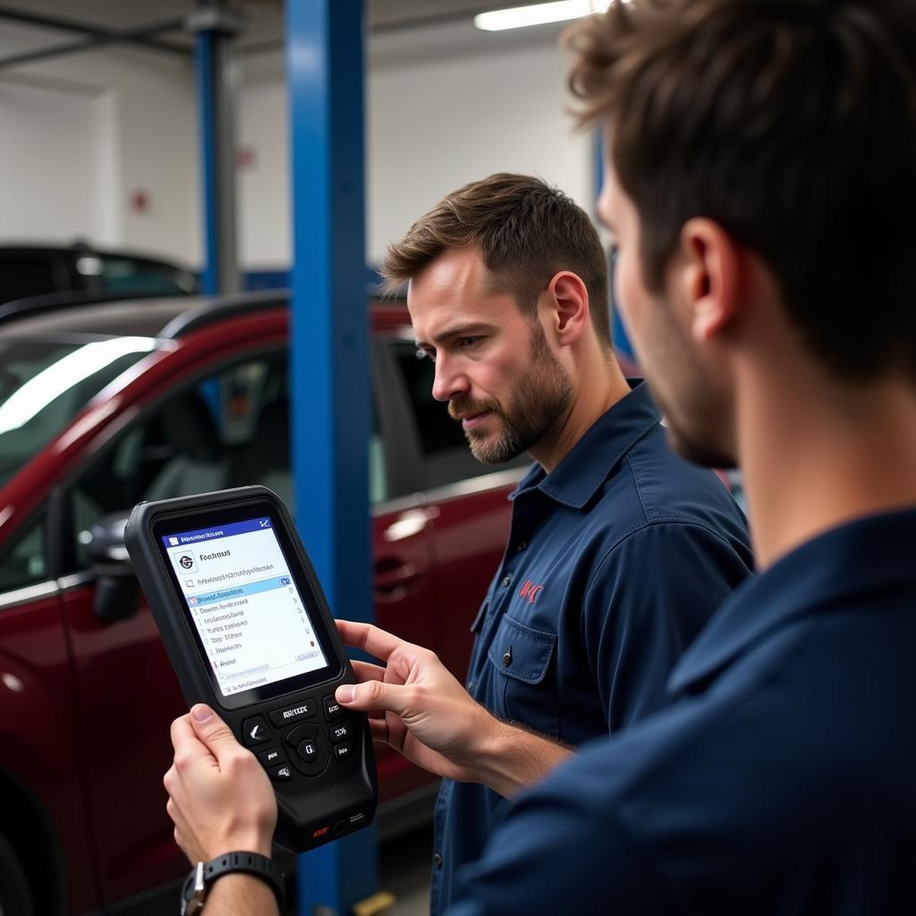  A mechanic shows a car owner how to use a code reader