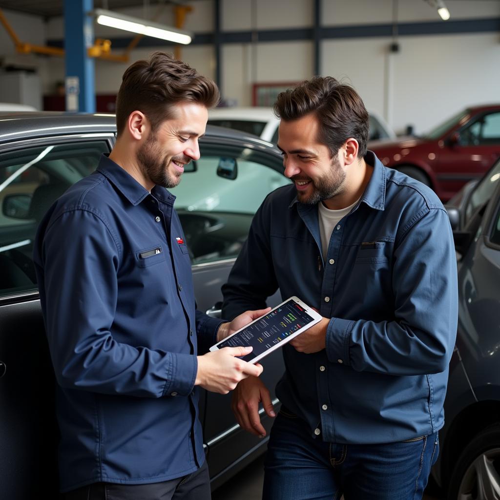 Mechanic explaining diagnostic codes to a car owner