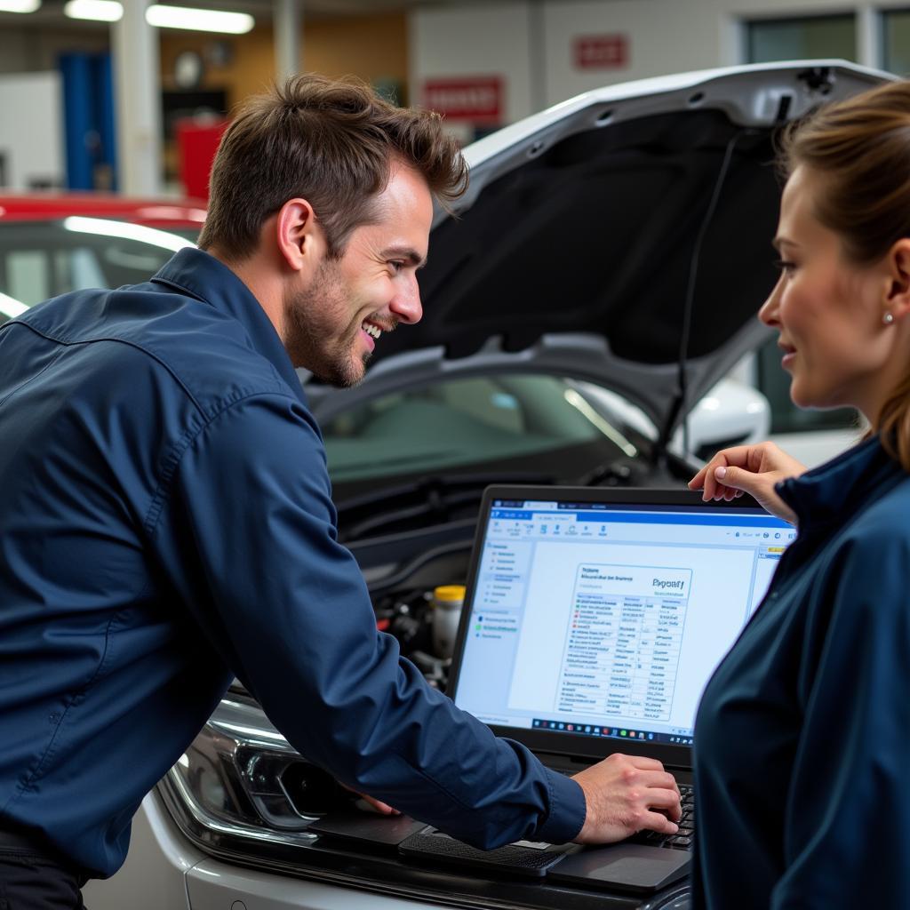 Mechanic explaining a diagnostic report to a car owner