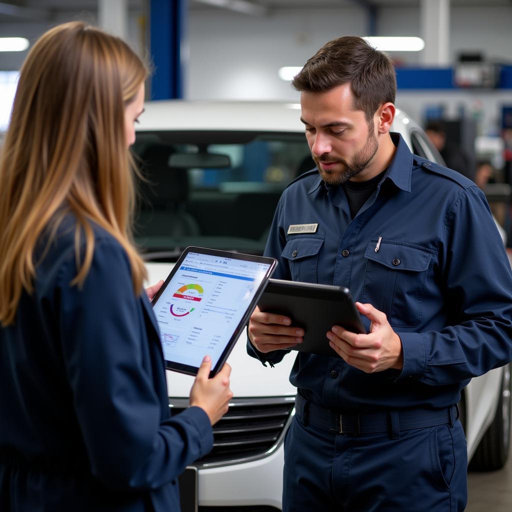 Mechanic Reviews a Mobile Diagnostic Report with a Customer