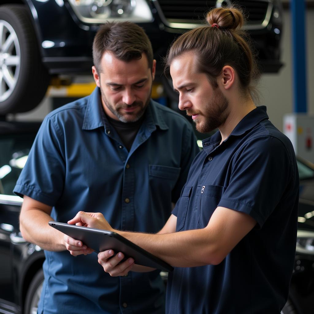 Mechanic Explaining Car Diagnostic Report to Customer