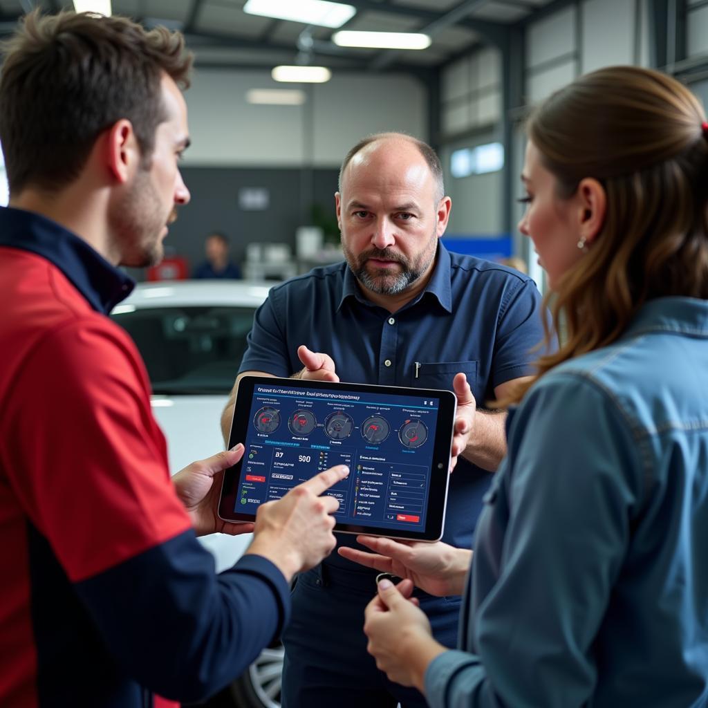 Mechanic Explaining Diagnostic Report to Car Owner