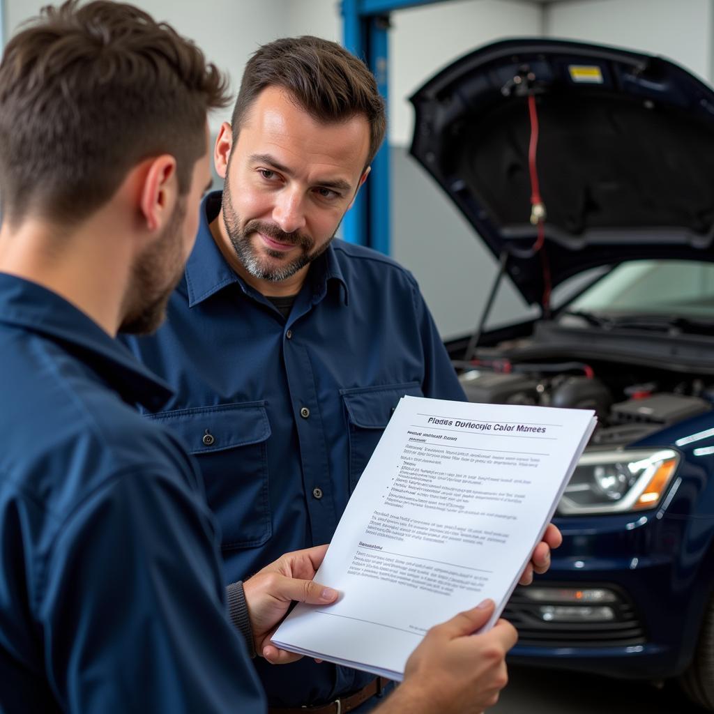 Mechanic explaining diagnostic report to car owner in Crewe