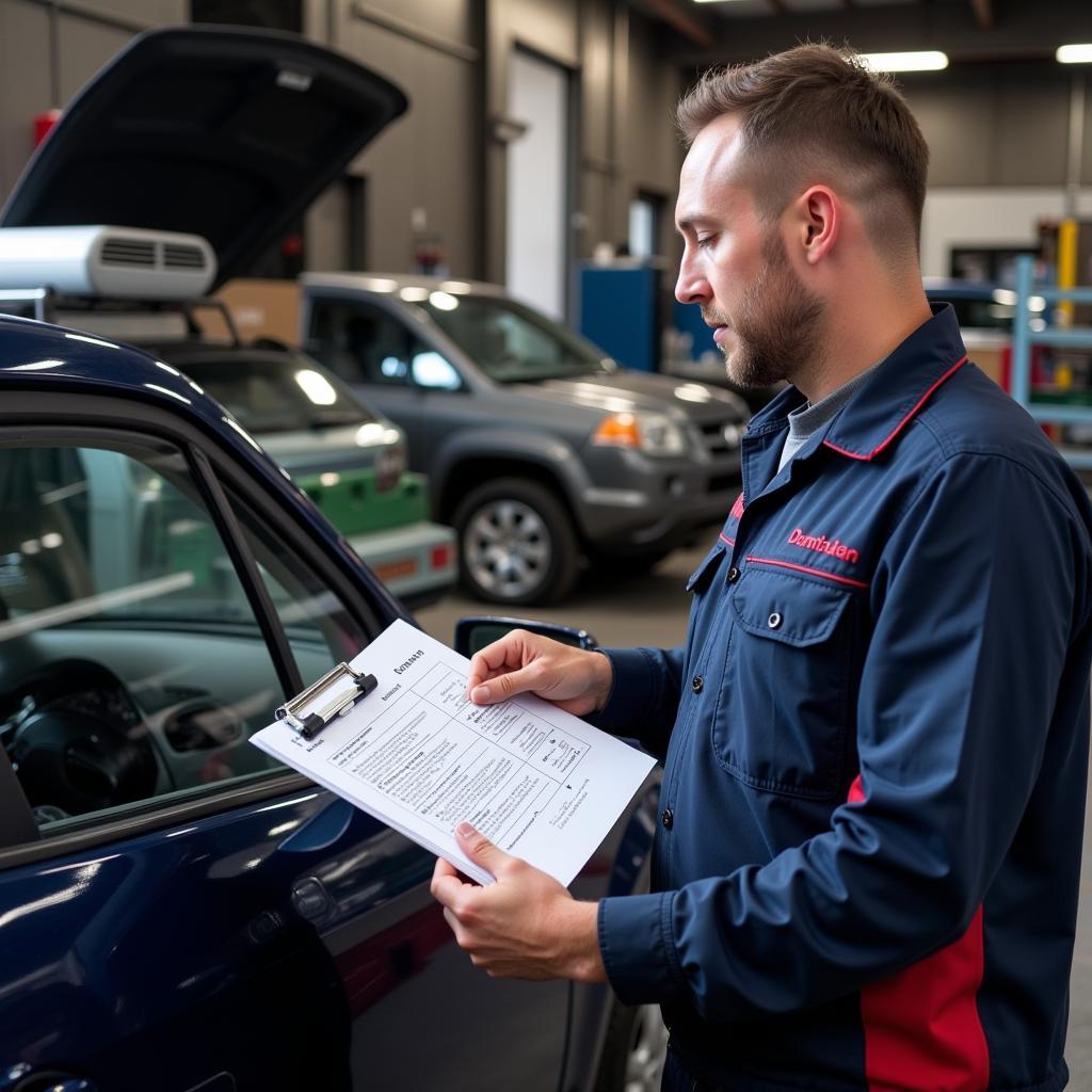 Mechanic Explaining Diagnostic Report to Customer