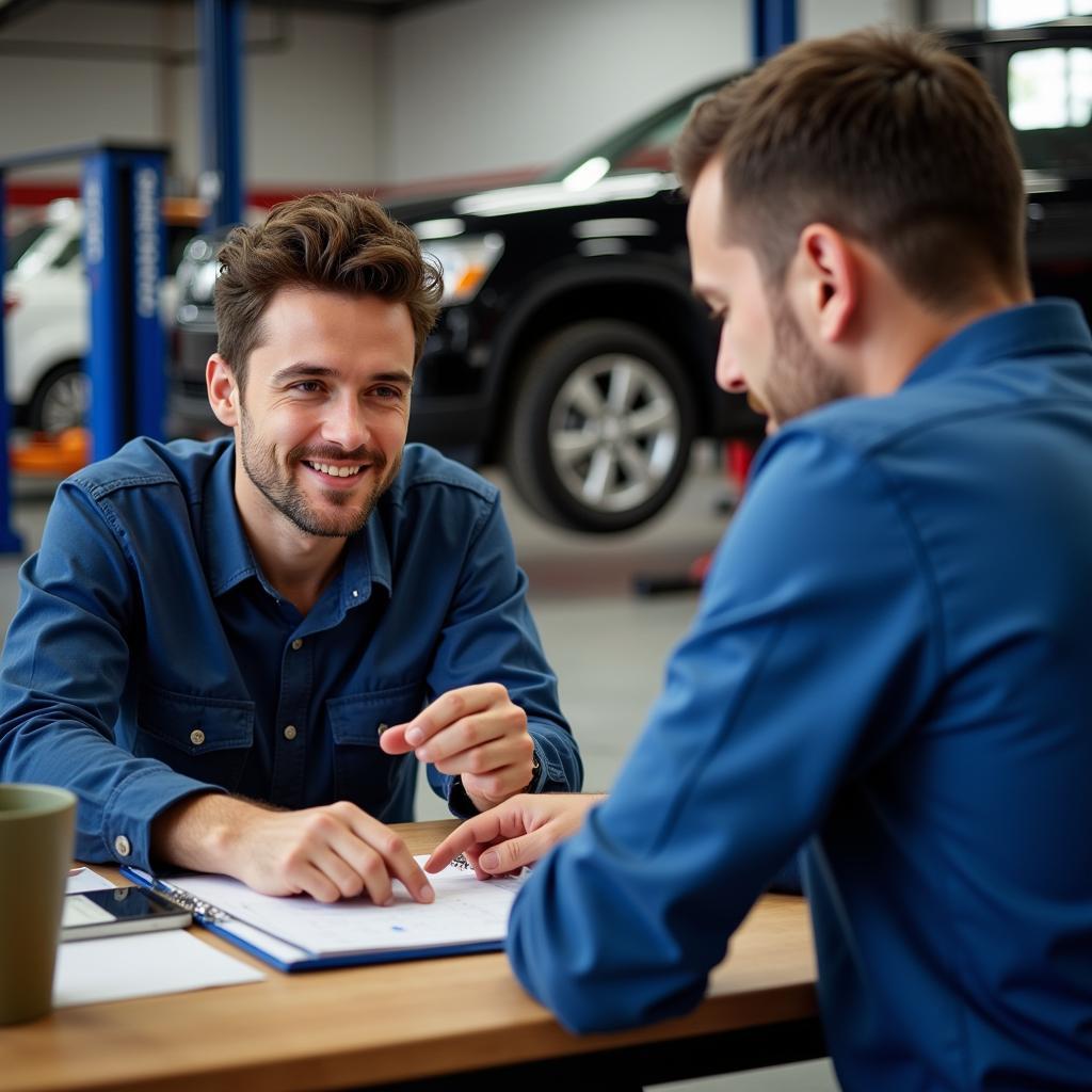 Mechanic explaining a diagnostic report to a customer in Orland Park